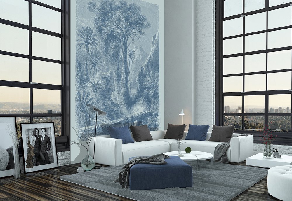 wallpaper representing a blue tree placed in a living room