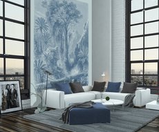 papier peint représentant un arbre bleu placé dans un séjour
