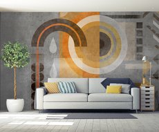 in a living room, panoramic wallpaper of mysterious geometrical forms