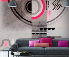 this wall in an ultra modern living room has a spectacular wallpaper with rounded or zebra shapes