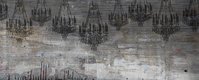 amazing wallpaper featuring Chinese shadow chandeliers embedded in a concrete wall