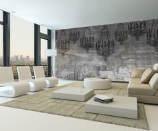 wall in a living room featuring a stunning wallpaper of chandeliers embedded in concrete