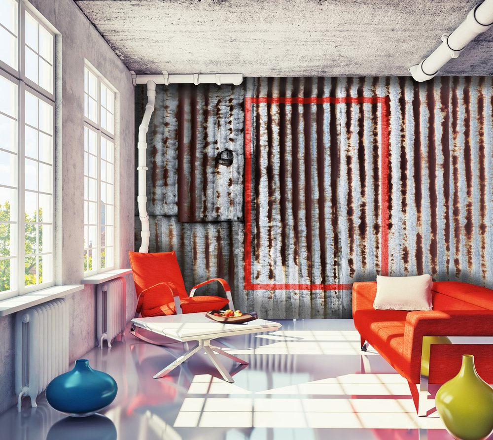 in this very trendy living room panoramic wallpaper representing a rusted metal sheet as a masterpiece of contemporary art