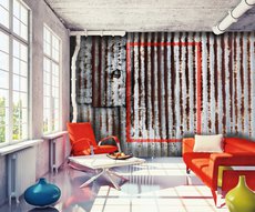 in this very trendy living room panoramic wallpaper representing a rusted metal sheet as a masterpiece of contemporary art