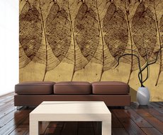 in an entrance, magnificent wallpaper of inlaid leaves on an ochre background