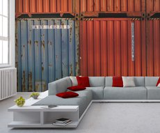 in this living room, a wall on which is a neo-industrial wallpaper representing containers