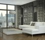 on the wall of this living room overlooking the Gare de Lyon is a wallpaper representing containers in black and white