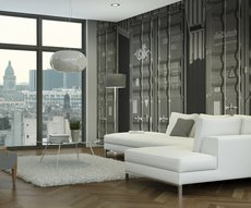 on the wall of this living room overlooking the Gare de Lyon is a wallpaper representing containers in black and white