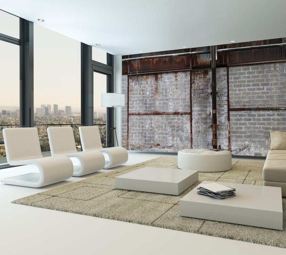 on the walls of this living room, a realistic wallpaper of cinder block wall and rusty metal sheets