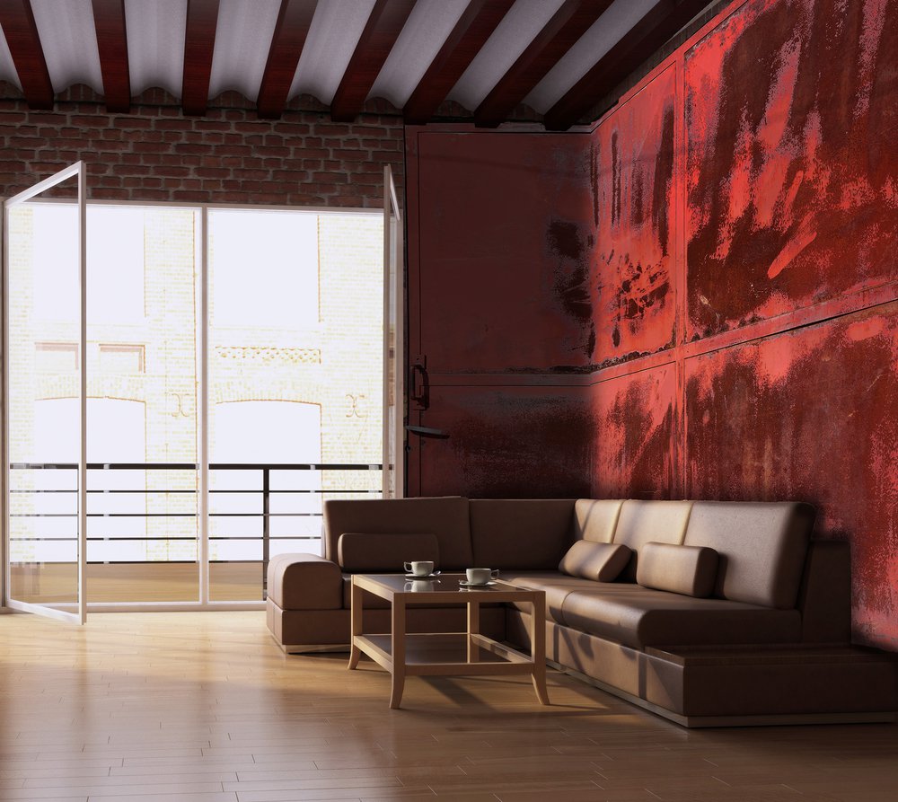 on a wall of a living room, wallpaper of raw material representing an old rusted door