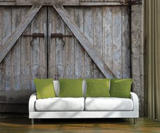 on a wall of a living room, raw material wallpaper representing an old barn door