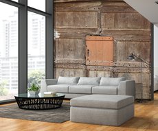 on a wall of a living room, panoramic country wallpaper representing an old barn door