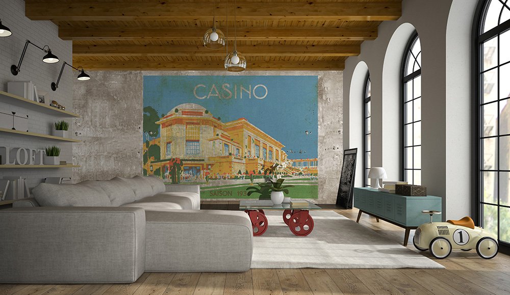 panoramic wallpaper showing a  casino on concrete in a living room