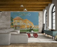 papier peint panoramique représentant un casino peint sur mur en béton dans un salon