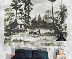 panoramic wallpaper jungle on concrete at the head of the bed in a bedroom