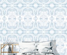 wallpaper with blue marbling in a sleeping room