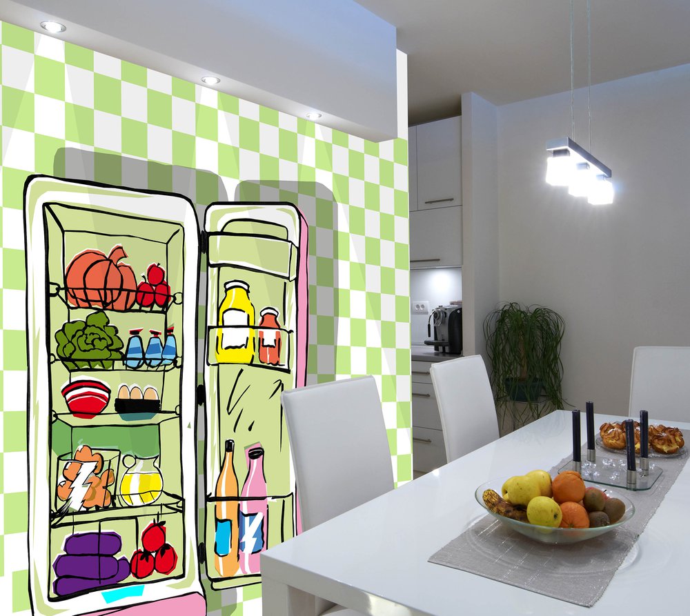 frigo couleurs sur carreaux verts et blancs