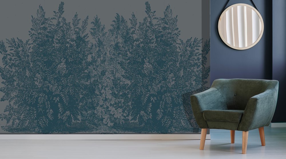 wallpaper blue bushes in a living room