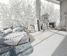 papier peint buisson gris sur fond blanc dans un séjour