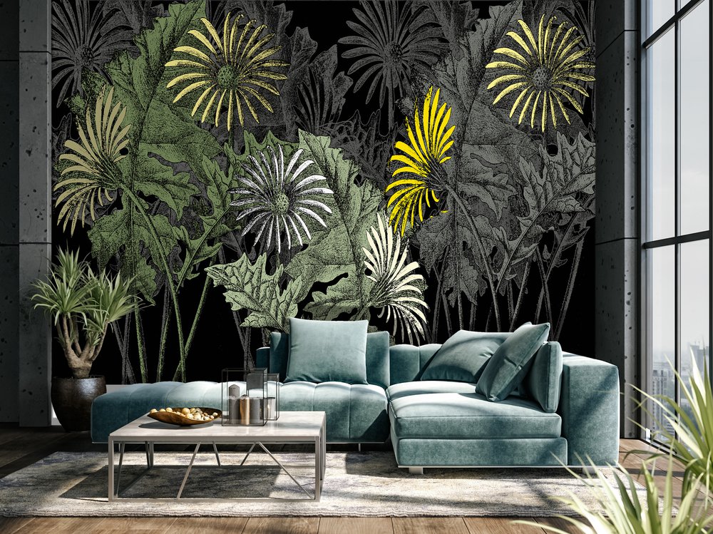 In a living room, panoramic wallpaper representing giant flowers on a black background