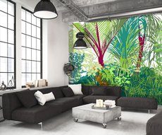 panoramic jungle cartoon wallpaper in a living room