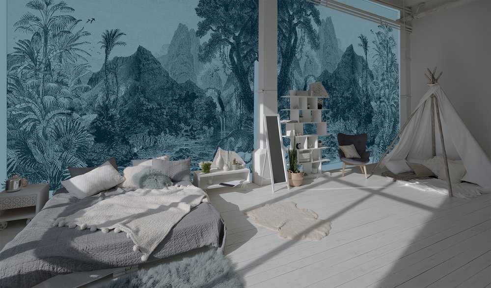 wallpaper wilderness in blue, set in a living room