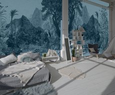 papier peint nature sauvage en bleu, posé dans un salon