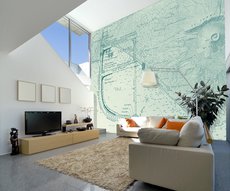 Wallpaper Ship cut-out on nautical chart background in a living room