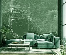wallpaper depicting the cutaway of a sailing ship on a nautical chart background, installed in a living room
