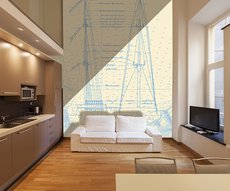 wallpaper On the jib, blue on an ecru background in a living room
