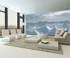 wallpaper depicting a flight of geese over the ocean in a living room