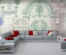 architectural wallpaper in a living room