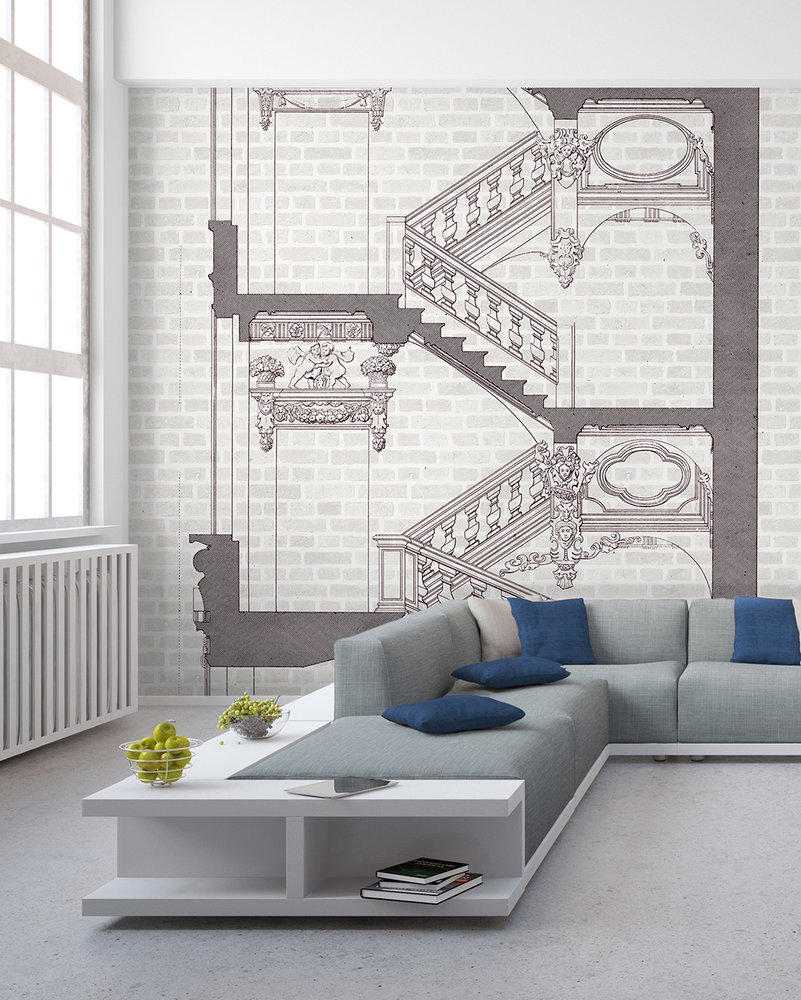 papier peint présentant un escalier baroque sur fond de pierres