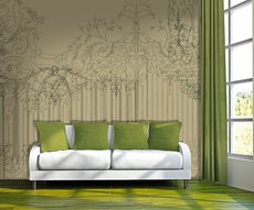 wallpaper featuring ironwork designs, installed in a living room