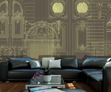 wallpaper depicting Baroque door designs, installed in a living room