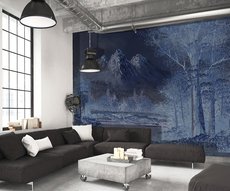 panoramic wallpaper depicting a night landscape in a living room