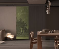papier peint sur porte d'une cuisine représentant la cueillette du thé
