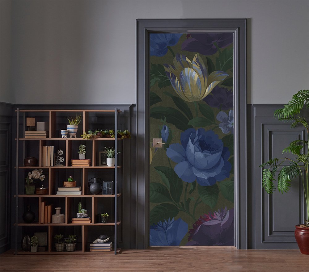 blue flower door with bookcase