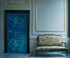 blue and green roses door in a living room