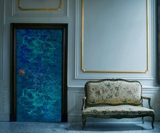 blue and green roses door in a living room