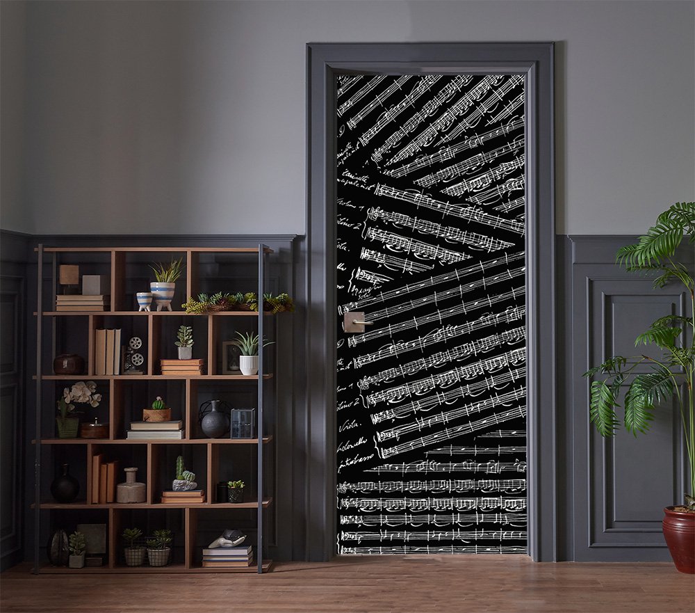 Music score door in black in a living room