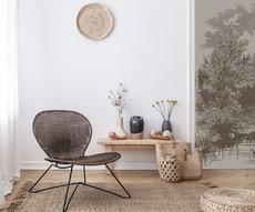 Door pond and sepia tree in a living room