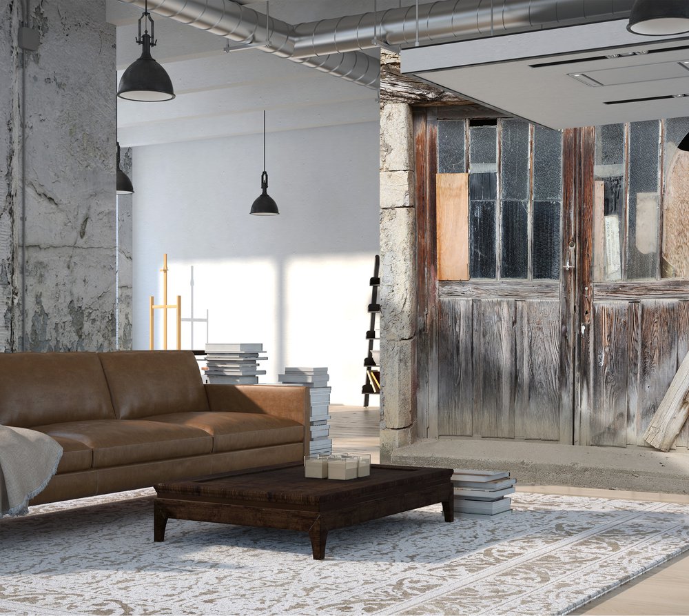 on the wall of a living room, contemporary panoramic wallpaper representing a barn door