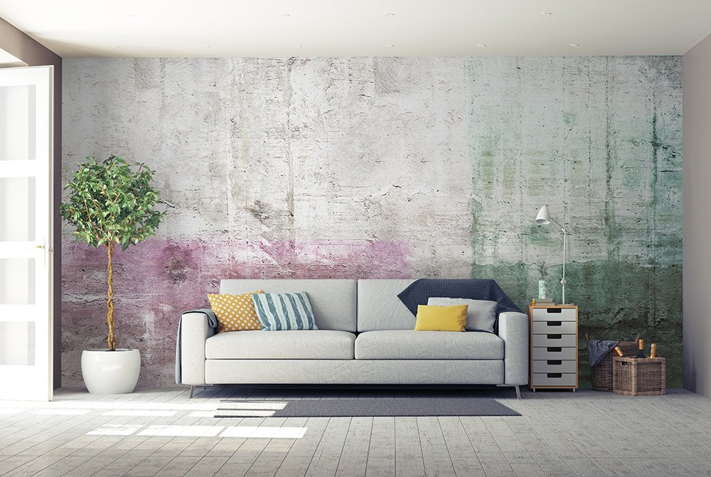 pink and green concrete wallpaper in a living room