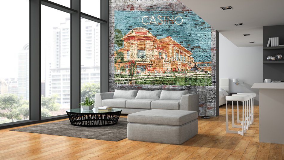 papier peint panoramique représentant un casino peint sur un mur de brique dans un salon