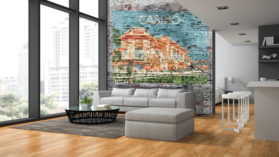 panoramic wallpaper showing a  casino painted on a  brick wall in a living room