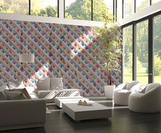 classic panoramic  in a living room:  colorful squares red blue white