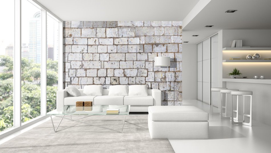 papier peint panoramique représentant un mur de pierres blanches dans un salon