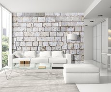 papier peint panoramique représentant un  mur de pierres blanches dans un salon