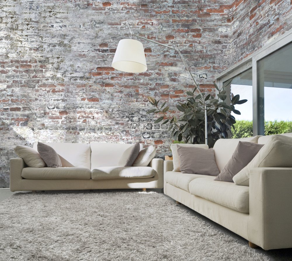 red and white brick wallpaper in a living room